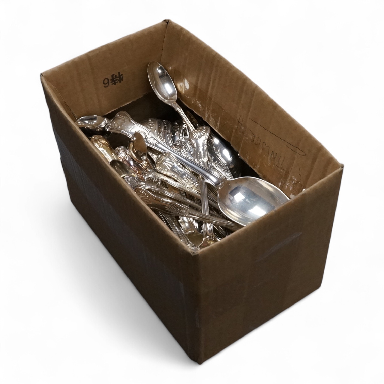 A harlequin part canteen of late 19th/early 20th century silver King's pattern flat ware, comprising eight table spoons, nine dessert spoons, two table forks, one dessert fork and two coffee spoons, by James Dixon & Sons